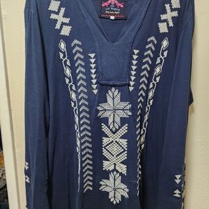 Johnny Was Navy Blue Tunic with White Embroidery